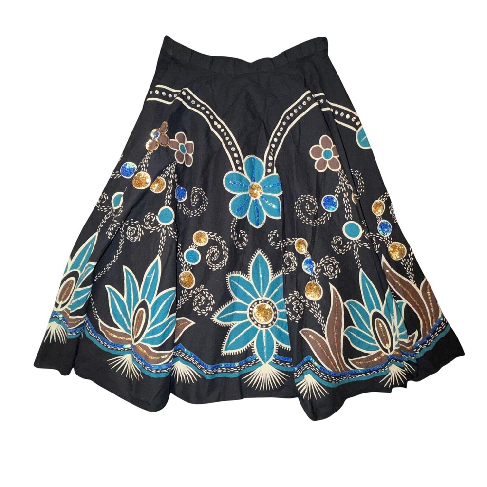 Kaktus Floral Midi Skirt Womens Small Black Good Sequin Embroidered Boho